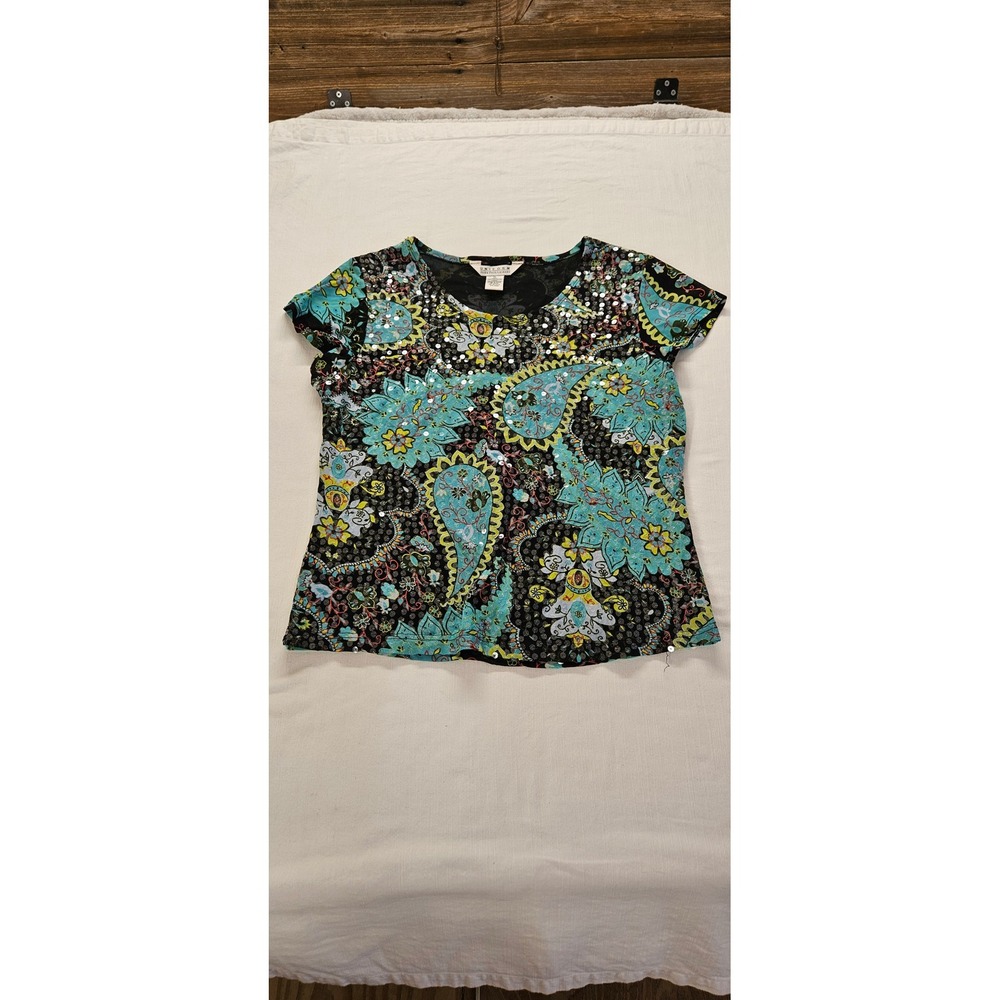 Y2K Uniform John Paul Richard XL Paisley Sequin Mesh Top Turquoise Black Floral